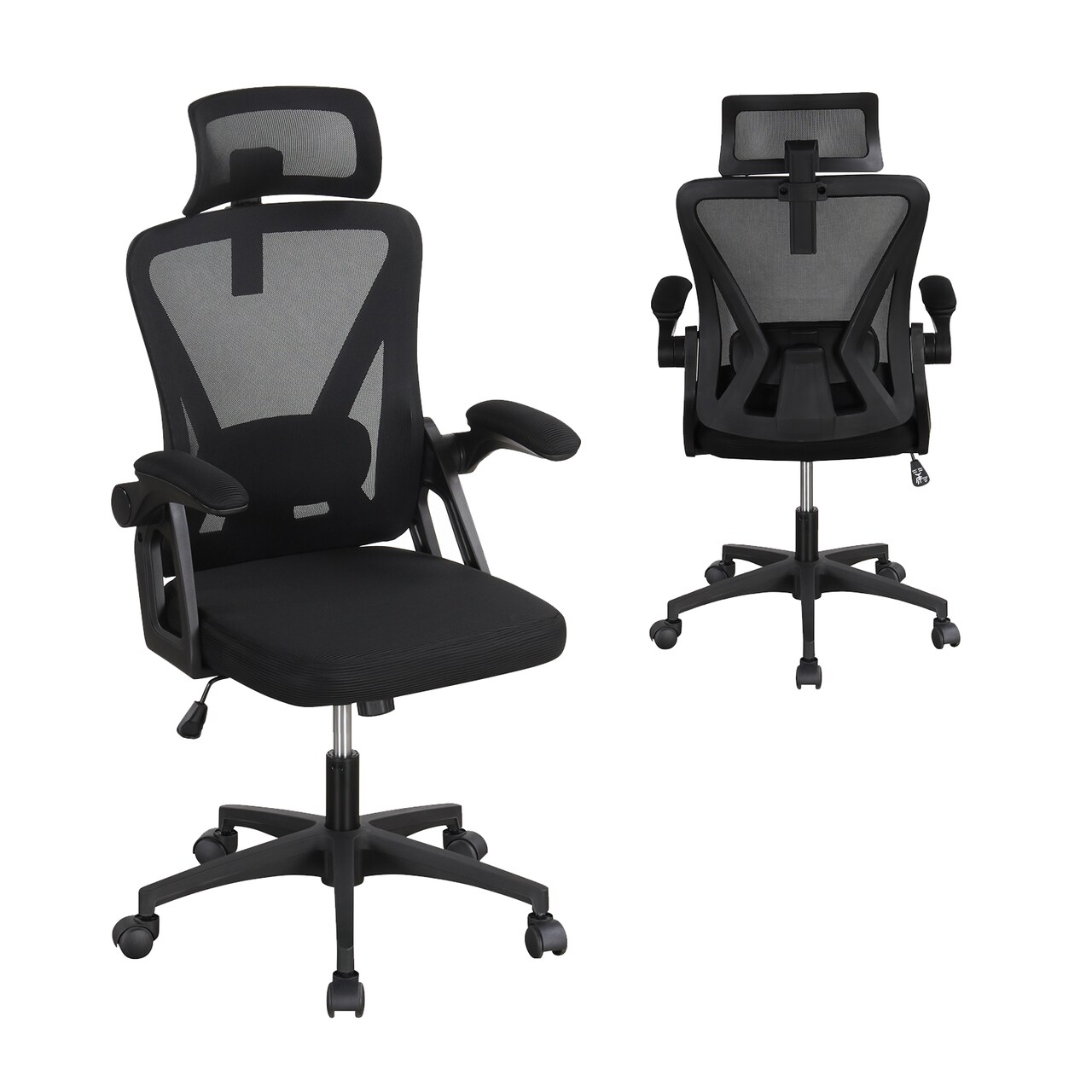 Black Mesh Ergonomic Office Chair with Adjustable Headrest, Flip-Up Armrests and Lumbar Support